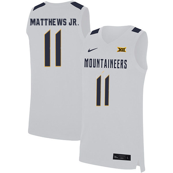 2020 Men #11 Emmitt Matthews Jr. West Virginia Mountaineers College Basketball Jerseys Sale-White